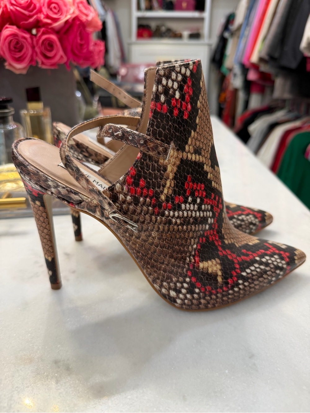Steve Madden Red and Brown Snake-Print Pointed Slingback Heels